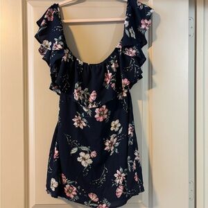 Floral Ruffle Sleeve Top - Navy